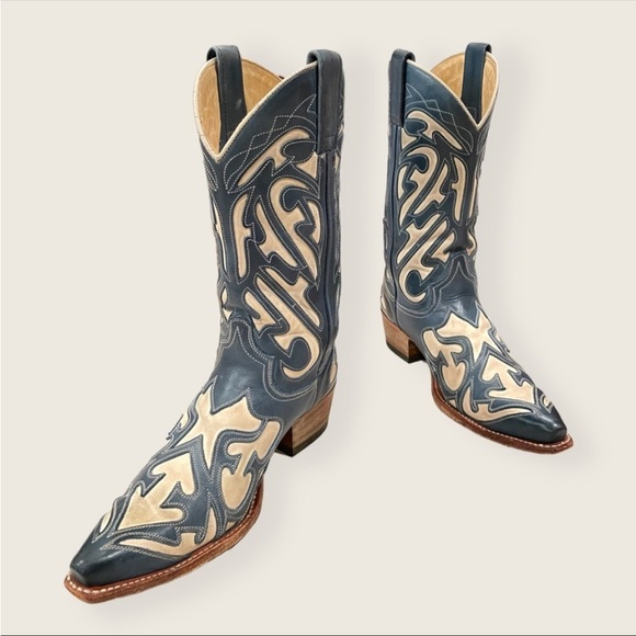 RARE Frye Billy Vintage Blue White Leather Embroidered Pull-On Cowgirl Boots - Picture 6 of 14